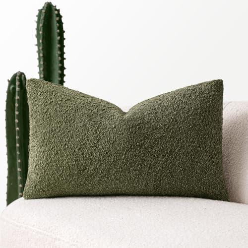 MIULEE Textured Boucle Throw Pillow Cover Olive Green Accent Solid Lumbar Spring Pillow Case Decorative Soft Pack of 1 Couch Cushion Chair Sofa Bedroom Livingroom Home Decor,12x20 Inch