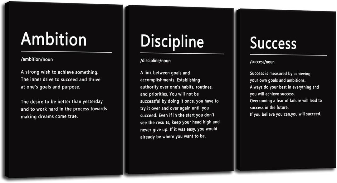 3 Pieces Office Decor Canvas Wall Art Inspirational Ambition Discipline Noun Picture Painting Motivational Positive Quotes Success Poster Modern Home Decor Bedroom Framed Ready to Hang[48" W X 24" H] (BOSS A-06)