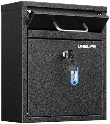 Uniclife Wall Mount Mailbox for Outside, Anti-Theft Heavy Duty Locking Mailbox, Small Mailbox with Key Lock, Security Mail Box, Safe Key Drop Box, Post Box, Steel Cash Drop Box for Home Office, Black