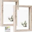 MUYE 5x7 Floating Frames Distressed Beige White Wood Pattern,Double Glass Picture Frame Display Any Size Photo up to 5x7,Wall Mount or Tabletop,2 Pack