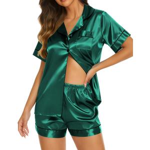 Ekouaer Silk Pajamas for Women Short Sleeve Sleepwear Soft Button Down Loungewear 2 Piece Satin Pjs Shorts Set (Green, M)