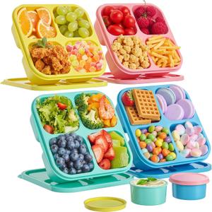 4 Pcs Snack Box Containers Set, Reusable 4 Compartment Lunchable Container with 2Pcs Sauce Containers, Stackable BPA-Free Bento Box for School, Work, Travel (4 Color)