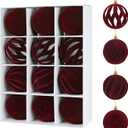 12Pcs 2.36in Velvet Christmas Tree Balls Ornaments Plastic Flocked Shatterproof Handmade Hanging Decoration Plush Balls Sets for Christmas (Burgundy)