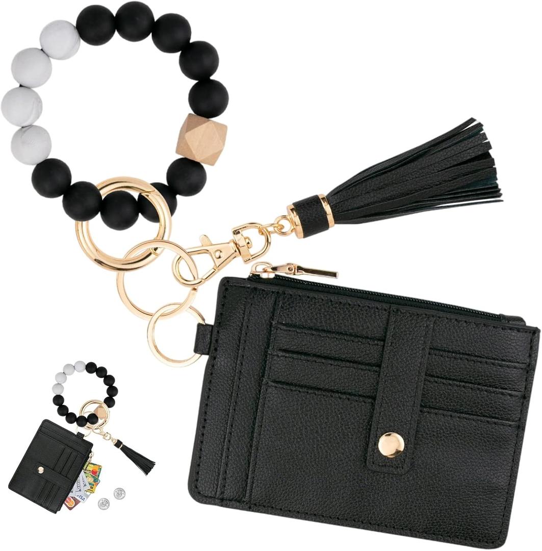 KNGITRYI Wallet Keychain Wristlet for Women,Slim RFID Credit Card Holder Purse Tassel Keychain Bangle Key Ring for Men Women (Black)