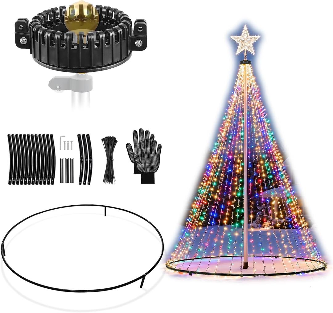 Lettry Flag Pole Christmas Tree Kit, Include Flag Pole Mega Topper Light Hook, Heavy-Duty Metal Hoop, Telescoping Flagpole Tree Light Hanging Set for Xmas Outdoor Patio Yard, Not Include Lights
