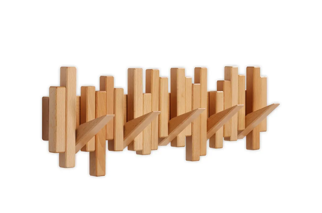 DESAINOPH® Wooden Coat Rack Wall Mounted Sticks Multi Rack Solid Handmade Natural Wood Artwork with 5 Flip-Down Unique Modern Hooks for Coats Bag Hat Umbrella, Beech 5-hooks