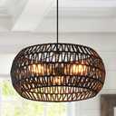 Black Boho Hanging Light Fixture Rattan Chandeliers Drum Pendant Lights for Dinning Room Wicker Chandelier Ceiling Hanging Light Basket Woven Chandelier for Bedroom Hallway Entrance Kitchen Island without lightbulbs