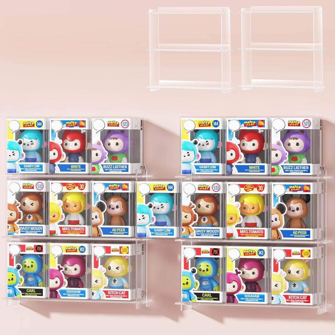 Acrylic Floating Display Shelves Compatible with Funko Pop in Box, Clear Wall Mounted Figures Display Case, Hanging Stackable Stands for Boxed Collectibles, Toys, Figurines 2 Pack