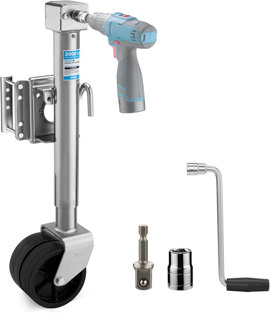 Kohree 2000 lbs Trailer Jack with Dual Wheel, 20-24V Cordless Drill Compatible, Heavy Duty Bolt on Trailer Tongue Jack for RV, Boat, Sliver, 12" Lift