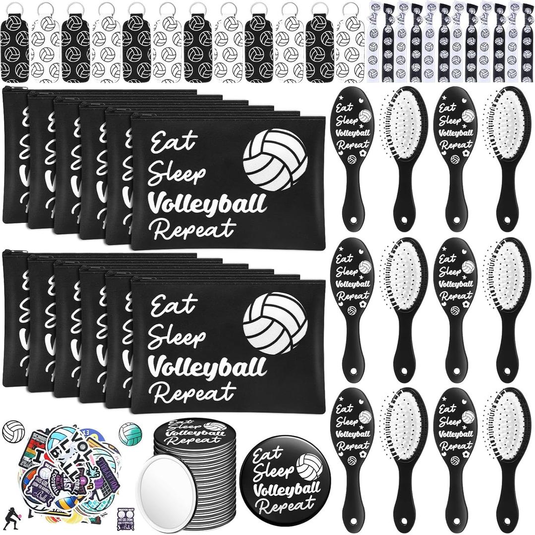 Tioncy 110 Pcs Volleyball Party Favors Set Volleyball Gifts for Team Sports Accessories Include Cosmetic Bag Lipstick Holder Keychain Compact Mirror Hairbrush Scrunchie Sticker Team Party Favors