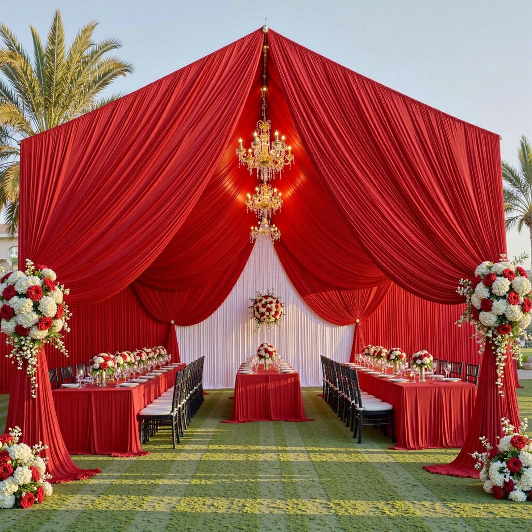 50ftx20ft Red Ceiling Curtain for Wedding Parties  10 Panels Wrinkle-Free 20 FT Long Tent Draping Curtains for Wedding, Birthday & Theme Parties, 20ft Height with Rod Pocket