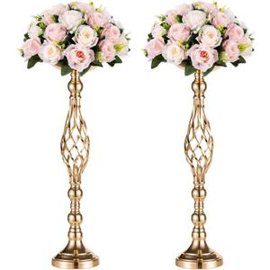 Versatile Metal Flower Arrangement Stand & Pillar Candles Holder Set for Wedding Party Dinner Centerpiece Event Restaurant Hotel Decoration (2 x L, Gold)