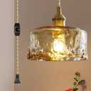 Glass Pendant Lights Kitchen Island Plug in Pendant Light with Dimmable Switch Amber Glass Lampshade for Bedside Dining Room Foyer, Brass