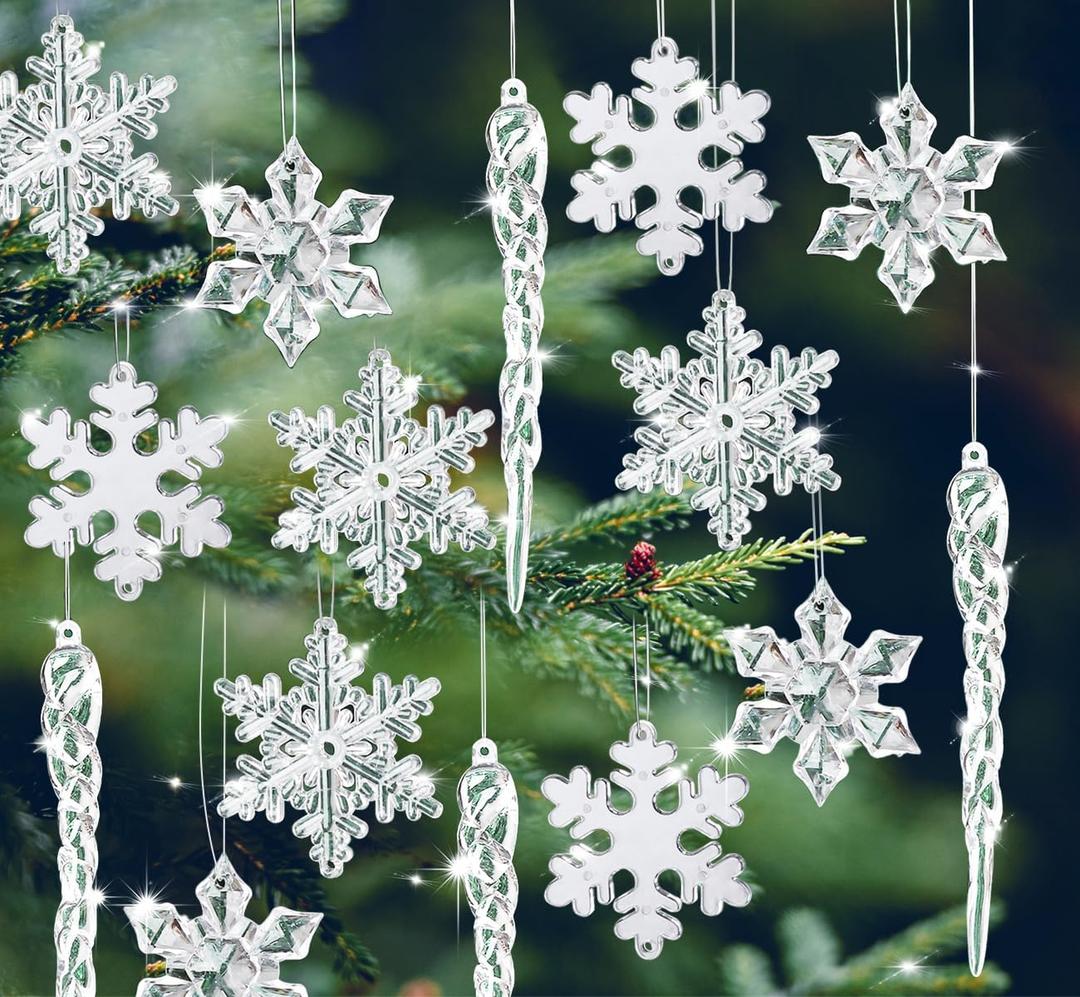 24Pcs Crystal Christmas Ornaments for Acrylic Snowflake Christmas Tree Decorations, Snowflake Icicle Drop Crystal Ornaments for Christmas Tree Winter New Year Party Winter Wonderland Chandelier
