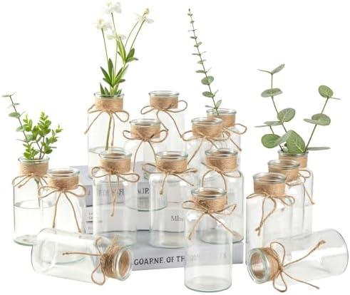 Vintage Glass Flower Vase Bulk 16 Pack Farmhouse Transparent Centerpiece Vases with Hemp Rope Mason Jars for Weddings Parties Dining Table Home Decor (Large）