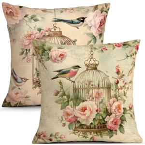 OBSEDE Vintage Throw Pillow Covers Set of 2, 18x18 Inch Pink Rose and Bird Print, French Country Shabby Chic Decorative Pillow Cases for Couch Sofa Bedroom, Spring Farmhouse Decor