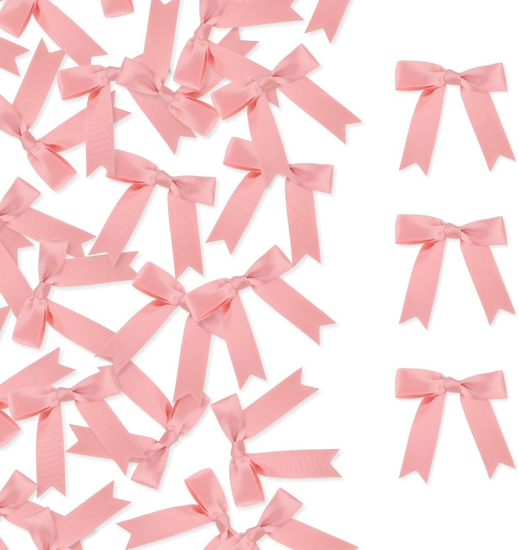 100 Pcs Pastel Satin Ribbon Bows with Twist Tie 2.5 Inch Pretied Premade Colored Craft Bows for Gift Wrapping Basket Wedding Baby Shower Brithday Party (Rose Gold)