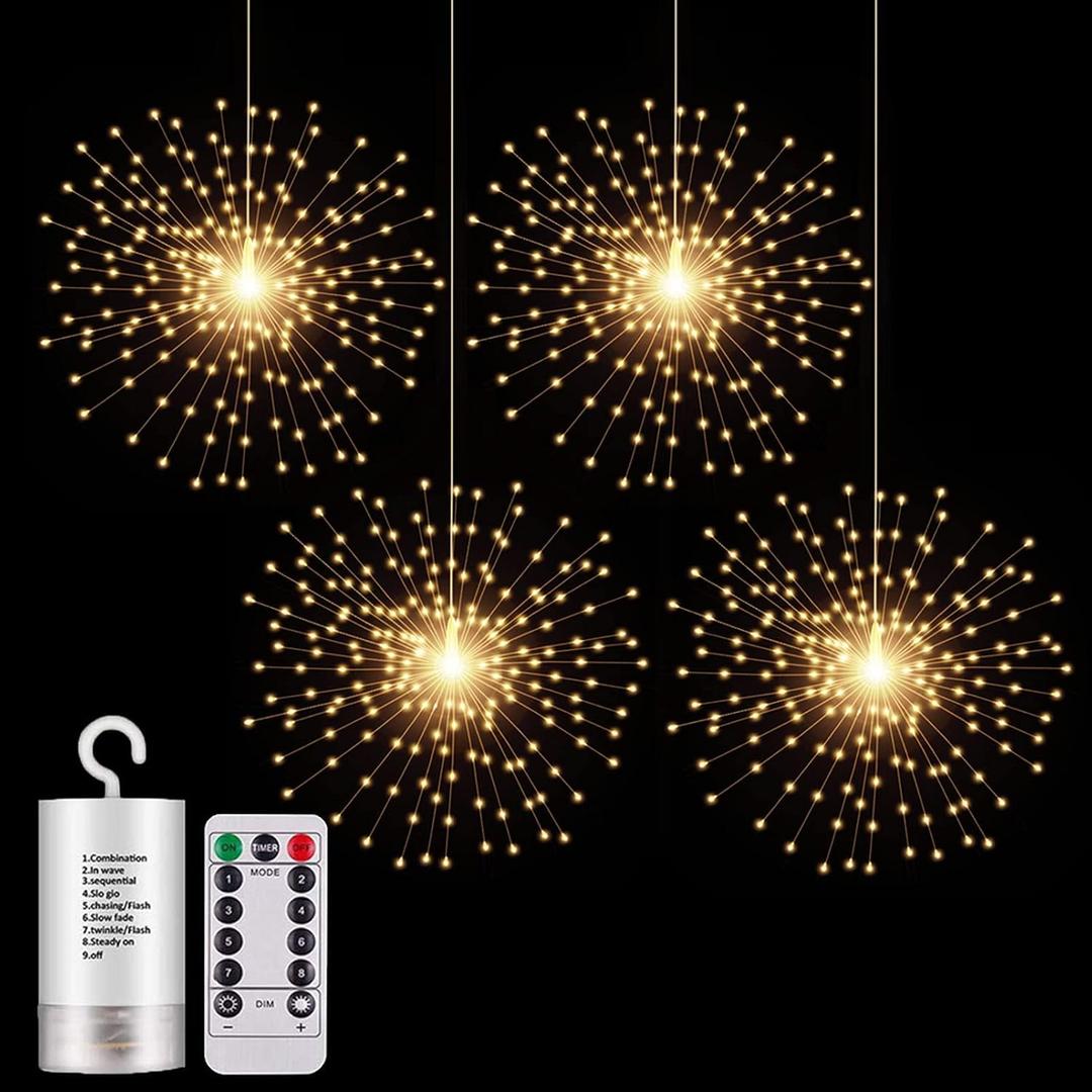 4 Pack Starburst Sphere Lights,200 LED Firework Lights, 8 Modes Dimmable Remote Control Waterproof Hanging Fairy Light, Copper Wire Light for Patio Parties Christmas (Battery Operated) (4 pcs Warm White)