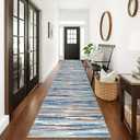 Lansny Modern Abstract Runner Rug 3x18, Blue Washable Long Kitchen Runner Non-Slip Soft Hallway Rug Runner Ultra Thin Print Faux Wool Carpet for Entryway Bedroom Laundry Room Indoor Home Decor