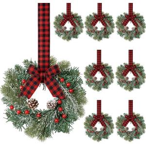 Jexine 8 Pieces Mini Christmas Wreaths for Kitchen Cabinet Small Christmas Candle Rings Wreaths Pillars Candle Rings Table Centerpieces Hanging Garlands for Front Door Window Decor (No Red Ribbon)