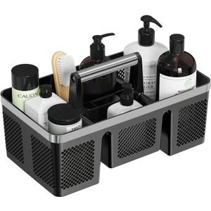 BYUNER Plastic Shower Caddy Dorm: Portable Cleaning & Shower Caddy with Handle, 4 Divided Compartments, All-Side Drainage, Rigid Plastic Basket Tote for College Dorm & Bathroom Use, Black/Silver
