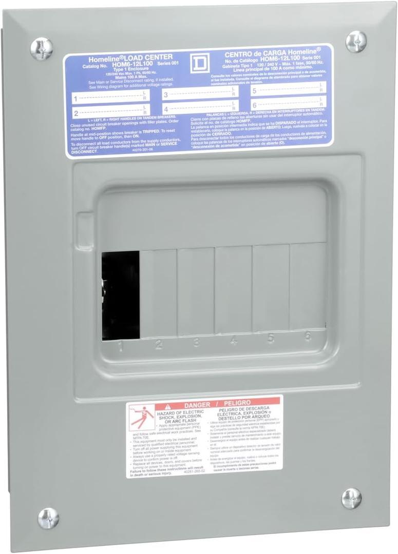 Square D by Schneider Electric Homeline 100 Amp Indoor Main Lug Load Center, Circuit Breaker Box, 6-Space 12-Circuit, 120/240 VAC, UL Listed, Indoor Use Only (HOM612L100FCP)