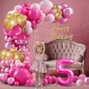 2 x Pink Birthday Balloon Arch Garland Kit - Hot Pink Gold Metallic Pink Balloons Happy Birthday Banner Party Decorations for Girl Princess(5 Years Old)
