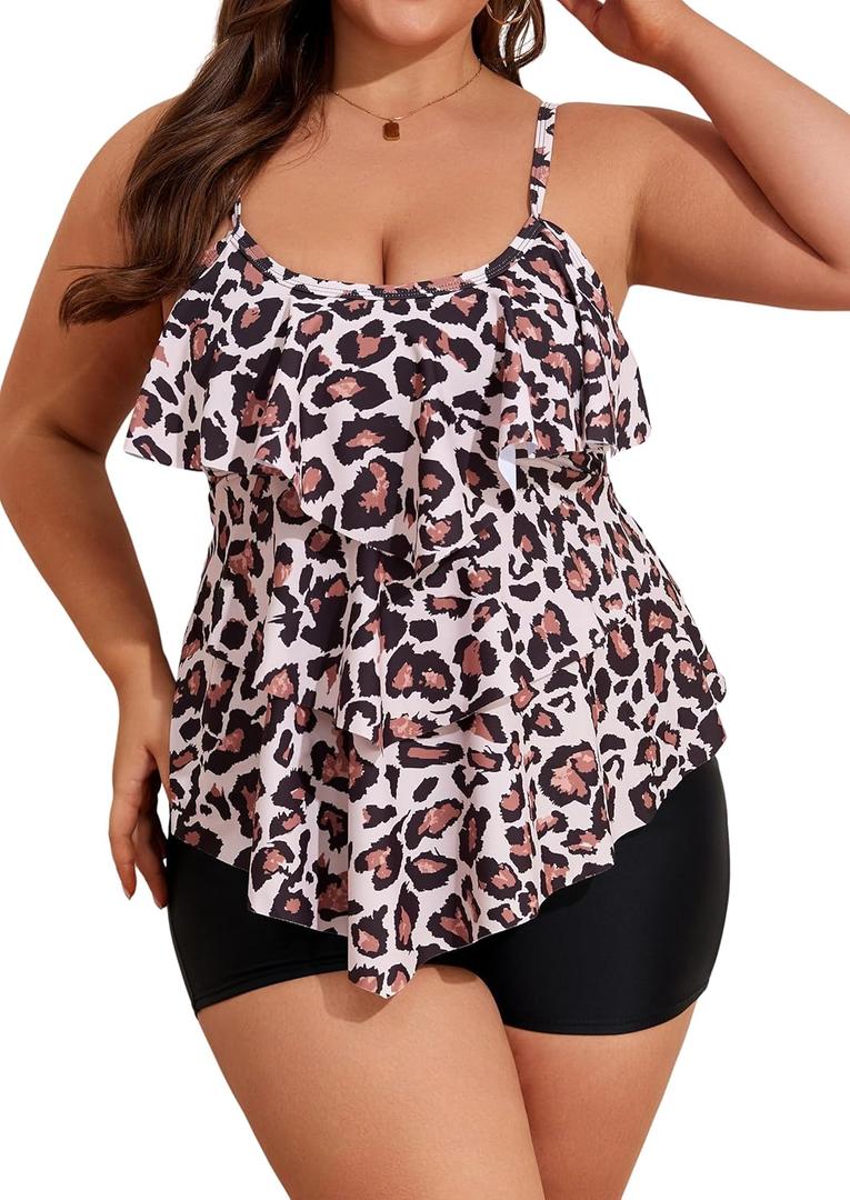 B2prity Women Plus Size Tankini Swimsuits Tummy Control Two Piece Bathing Suit Ruffled Flounce Swimwear with Shorts (X-Large, Leopard)