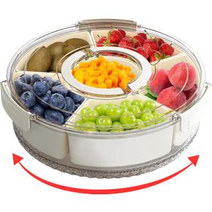 12" Divided Rotating Serving Tray with Lid and Handle  Clear Snack Spinner Organizer and Storage 12 Inch Portable Snackle Box for Fruits Snacks Veggie Charcuterie with 6 Compartments (White)