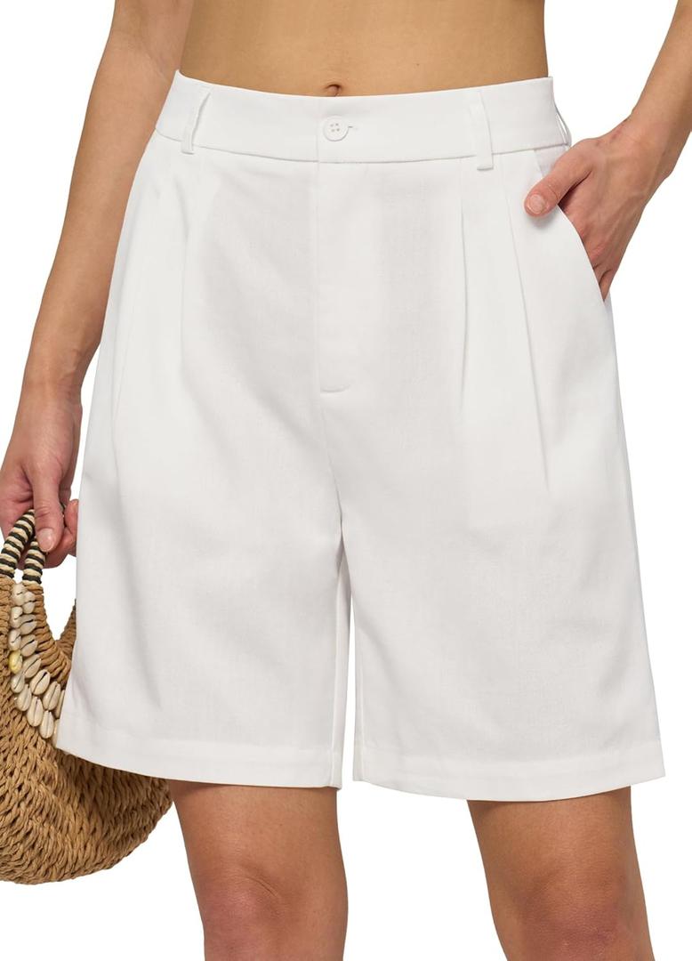 Willit Women's Linen Shorts Wide Leg Dress Casual Summer Pleated Shorts High Waisted with Pockets 7" 10" (White), Small