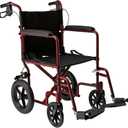 Medline Lightweight Foldable Transport Wheelchair with Handbrakes and 12-Inch Wheels, Red Frame, Black Upholstery