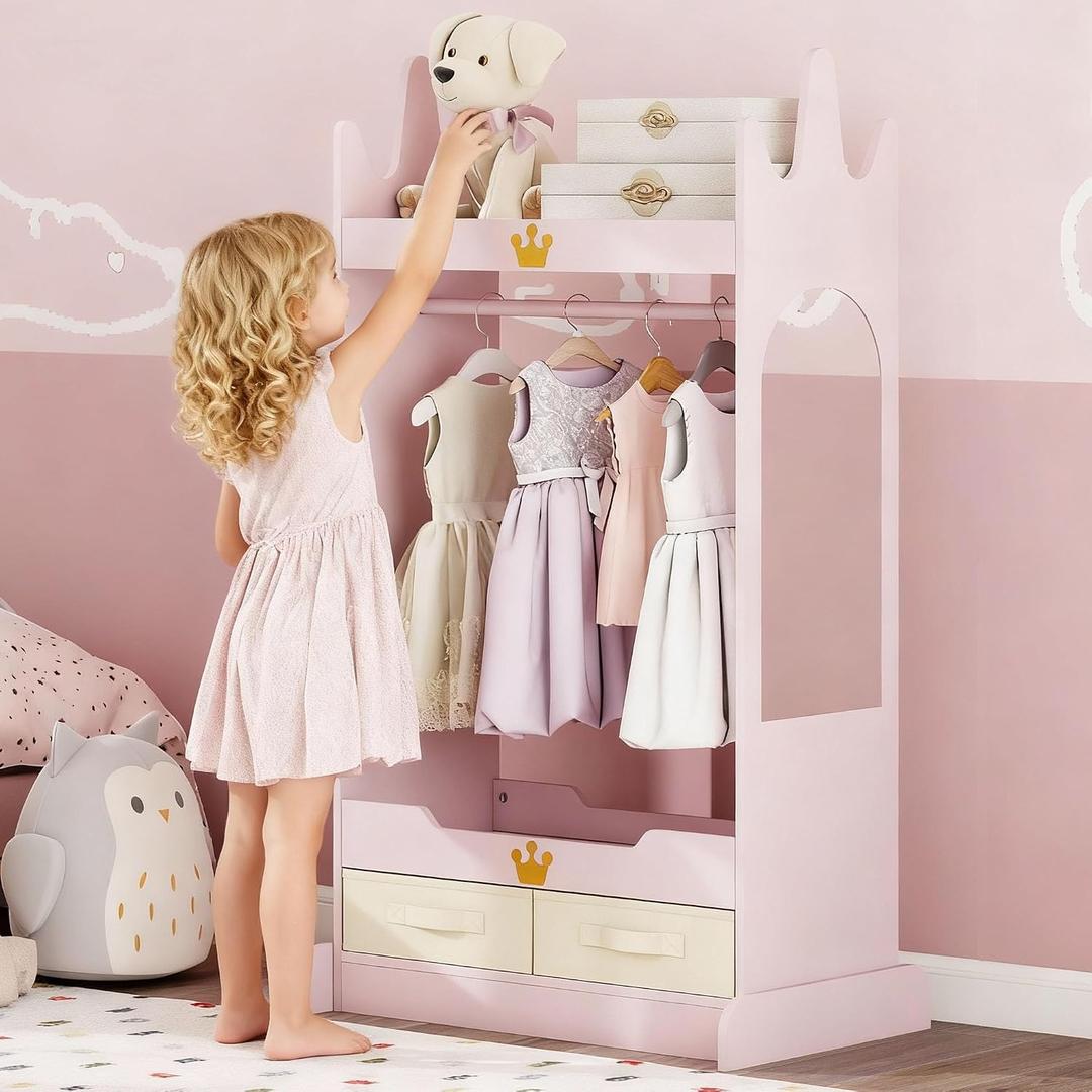 FTZxHKLX Kids Dress Up Storage with Mirror, Kids Open Hanging Armoire & Costume Storage Dresser, Costumes Wardrobe Closet for Bedroom, Nursery, Preschool, Pink, 25.6" W x 15.75" D x 42" H