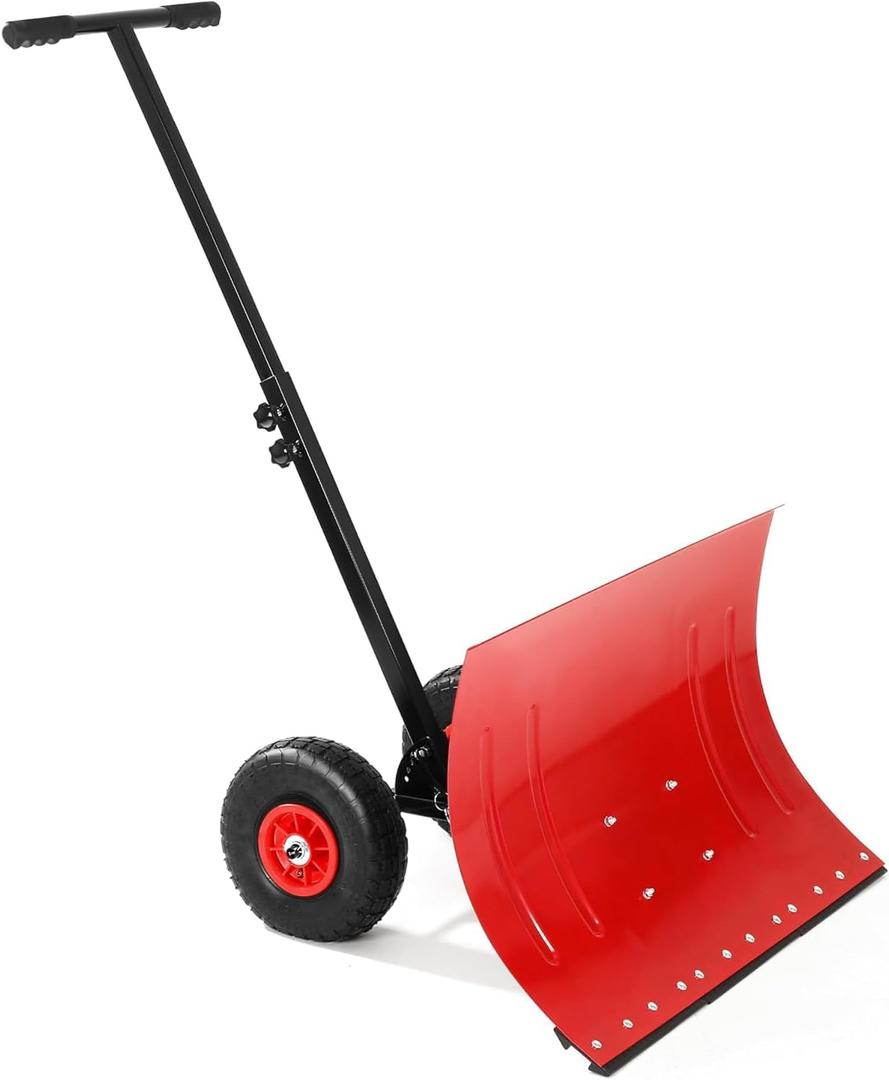 Snow Shovel for Driveway with Wheels, 29.1" W x 14.2" H, Heavy Duty Snow Pusher, Snow Plow Shovel Rolling, Adjustable Angle & Height Carbon Steel Metal Blade, for Snow Removal Clear, for Garden, Deck