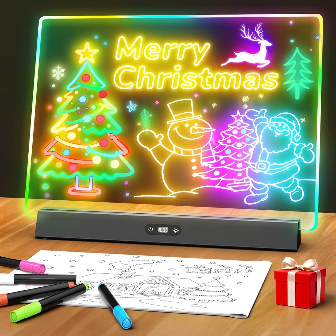 LED Note Board with Colors, Rechargeable 17-Inch Doodle Glow 9-Mode Light Up Desk Sign Letter Message Memo Drawing Dry Erase Board for Classroom/Home Decor/Office/Gifts, 5 Markers & Tracing Book (Black+clear)