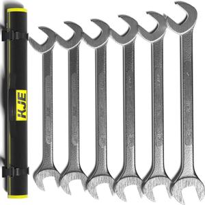 KJE 6PCS SAE 1 3/8" to 2" Jumbo Angle Wrench Set, Large Big Wrench Set, 15° & 60° Angled Heads, High Carbon Steel with Sandblasted Chrome & Storage Bag for Heavy-Duty Mechanics & Automotive & Truck