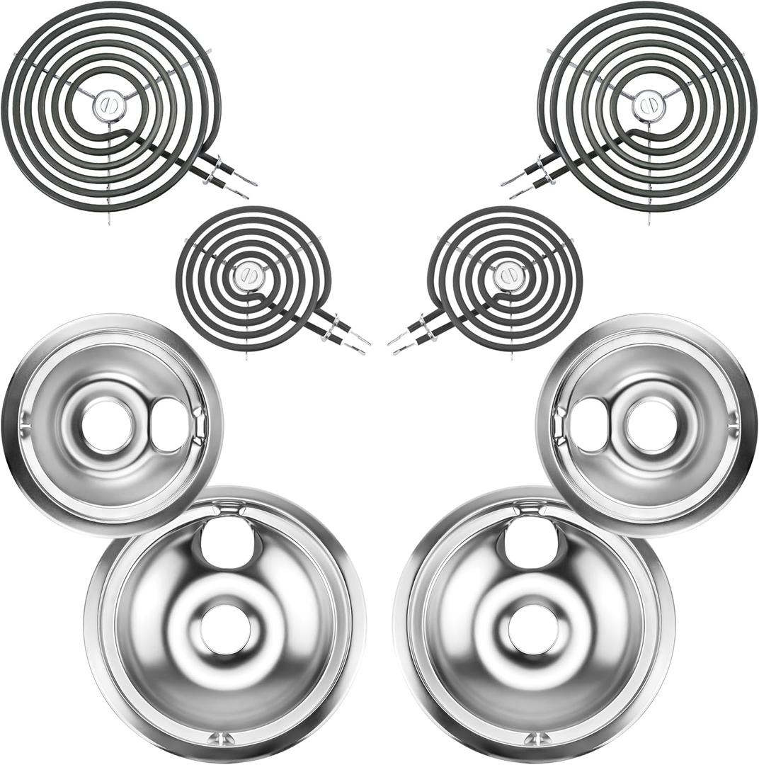 Electric Stove Burner Drip Pans WB31T10010(6") WB31T10011(8")+Electric Stove Burner Replacement WB30M1(6") and WB30M2(8") Compatible for G-E Hot-point Ken-more Electric Range by MIFLUS