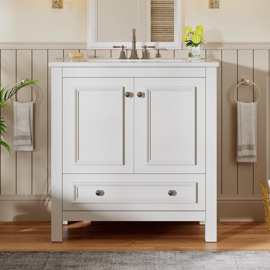 Tribesigns 30" Modern Bathroom Vanity with Sink, Freestanding Bathroom Vanities Cabinet with Ceramic Basin Combo, Bathroom Sink Cabinet with 2 Doors and 1 Drawer, Solid Wooden Frame, Black (White)