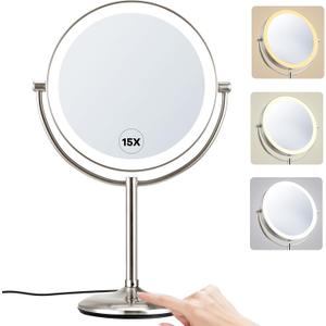M MIVONDA Makeup Mirror with Lights,1X/15X Brushed Nickel Large Magnifying with Light, 360Double Side Mirror,3 Color Lights & Adjustable Brightness Vanity Mirror,Gift for Christmas Day