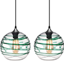 ARIAMOTION Pendant Lighting for Kitchen Island Green Stripe Seeded Glass Modern Coastal Style Light Fixtures for Beach House Dinning Room Table Hand Blown Art Glass Globe 9 Inch Diameter 2Pack