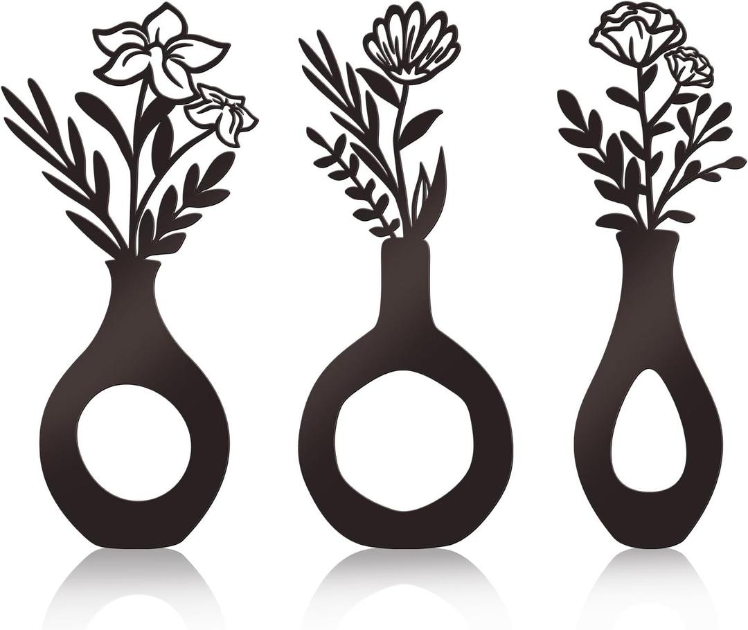 KOYILTD 3 Pcs Black Flowers and Vases Wall Decor Metal Flower Wall Decoration Metal Vase Wall Art Floral Room Wall Decor Minimalist Wall Art for Home Living Room Bathroom Dining Room (Elegant)