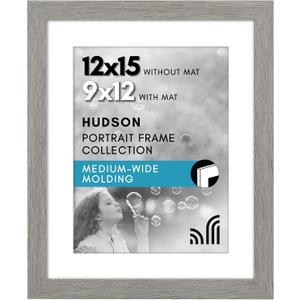 Americanflat 12x15 Picture Frame with Shatter-Resistant Glass - Use as 9x12 Frame with Mat or Display 12x15 Photo Without Mat - Hudson Collection - Wide Picture Frames for Wall Display - Grey Wood