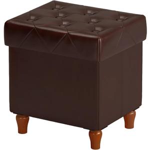 CAROLMADE Folding Storage Ottoman Cube PU Leather Footstool with Wood Legs Ottoman Footrest for Living Room and Bedroom Brown, 15x12.6 x 15.4