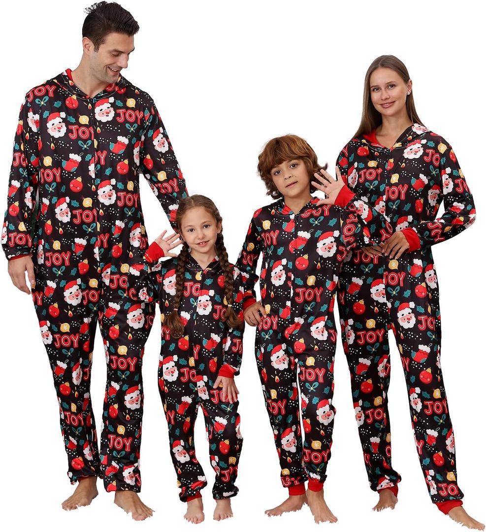 ANGELGGH Family Matching Christmas Onesie Pajamas, Vacation Cute Printed One Piece Pajamas, Xmas Hooded Holiday Sleepwear (6-8 Years, Joy Santa)