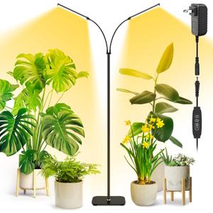 MistyJungle Plant Grow Light for Indoor, Full Spectrum Dual Heads Grow Light, 66.5in Extendable Stand,144 LEDs,10Level Dimmable, Auto Timer, Adjustable Gooseneck Floor Lamp for Tall Large Plants