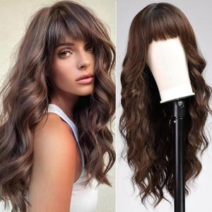 Ombre Brown Wavy Wigs for Women,Yaki Volume Long Wavy Wig with Bangs,Curly Natural Looking Synthetic Heat Resistant Fiber Wig for Party Cosplay Daily Use 26IN