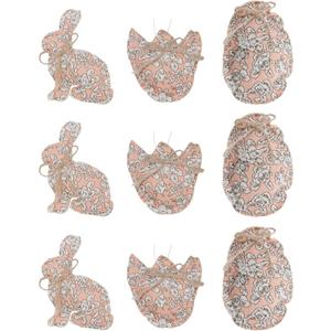 WDS WONDROUS Pink 9-Piece Easter Hanging Ornaments Set, Fabric Floral Bunny Egg & Cracked Egg with Jute Bow, Spring Home Decor for Wall Door Tree Table, Rustic Farmhouse Cottagecore Gift (Pink and Green)