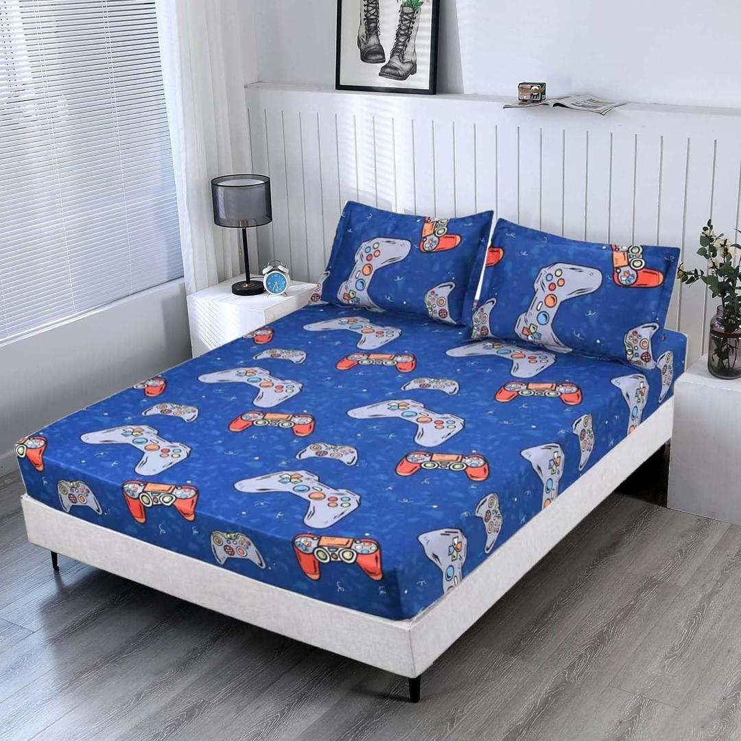 SDIII Blue Gamer Fitted Sheet Full with 2 Pillowcases, Not Including Flat Sheet, Soft Microfiber Deep Pocket for Boys Girls Kids and Teens