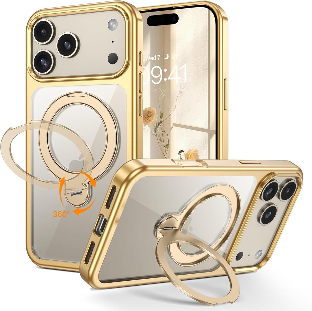 GUAGUA for iPhone 17 Pro Max Case with Stand, 360° Magnetic Rotatable Ring, Clear Back Plating Edge Invisible Ring Holder Slim Shockproof Protective Kickstand Phone Case for iPhone 17 Pro Max, Golden