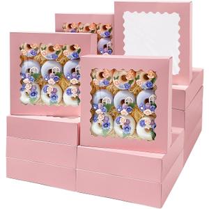 Bakepacker 36pcs Pink Pie Boxes 10x10x2.5 inches Easy Assemble Macaroon Cookie Boxes Bakery Boxes with Window for Bakery (Auto-pop Up)
