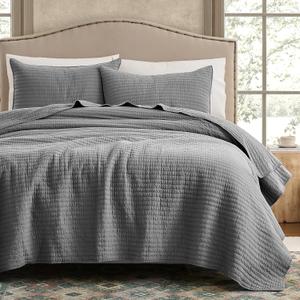 WDCOZY 100% Cotton King Size Quilt Set - Grey Striped Pick Stitch Soft Lightweight Bedspread, Textured Like Linen, Farmhouse Country Rustic Coverlet, Shabby Chic Gauze Bedding, 3 Pieces (King (106"x96"))